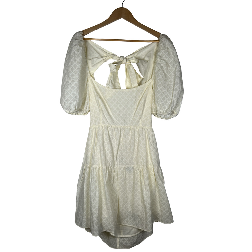 Bardot Dress Womens Large Yellow Geometric Puff Sleeve Open Back Bow Mini Boho